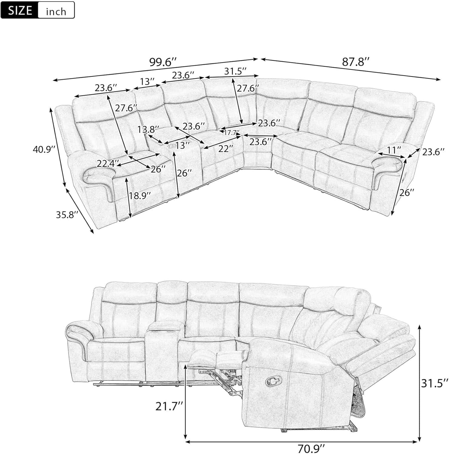 Comfortable and stylish sectional sofa with adjustable recliners, suitable for modern living spaces, designed to maximize seating and relaxation.