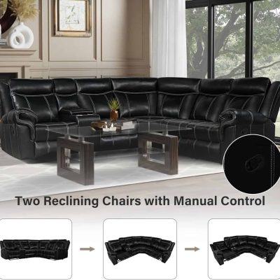 Modern black leather sectional sofa with reclining chairs and manual control, ideal for living rooms and lounges.