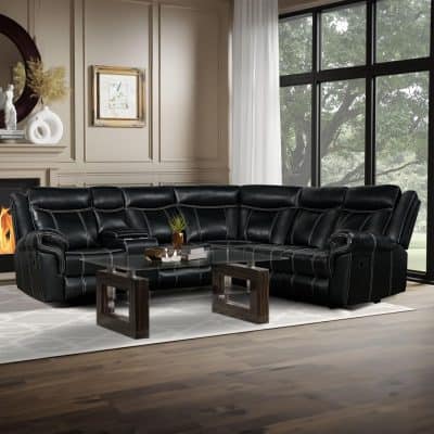 Luxurious black leather sectional sofa with contrast white stitching, perfect for contemporary living room decor and comfort.