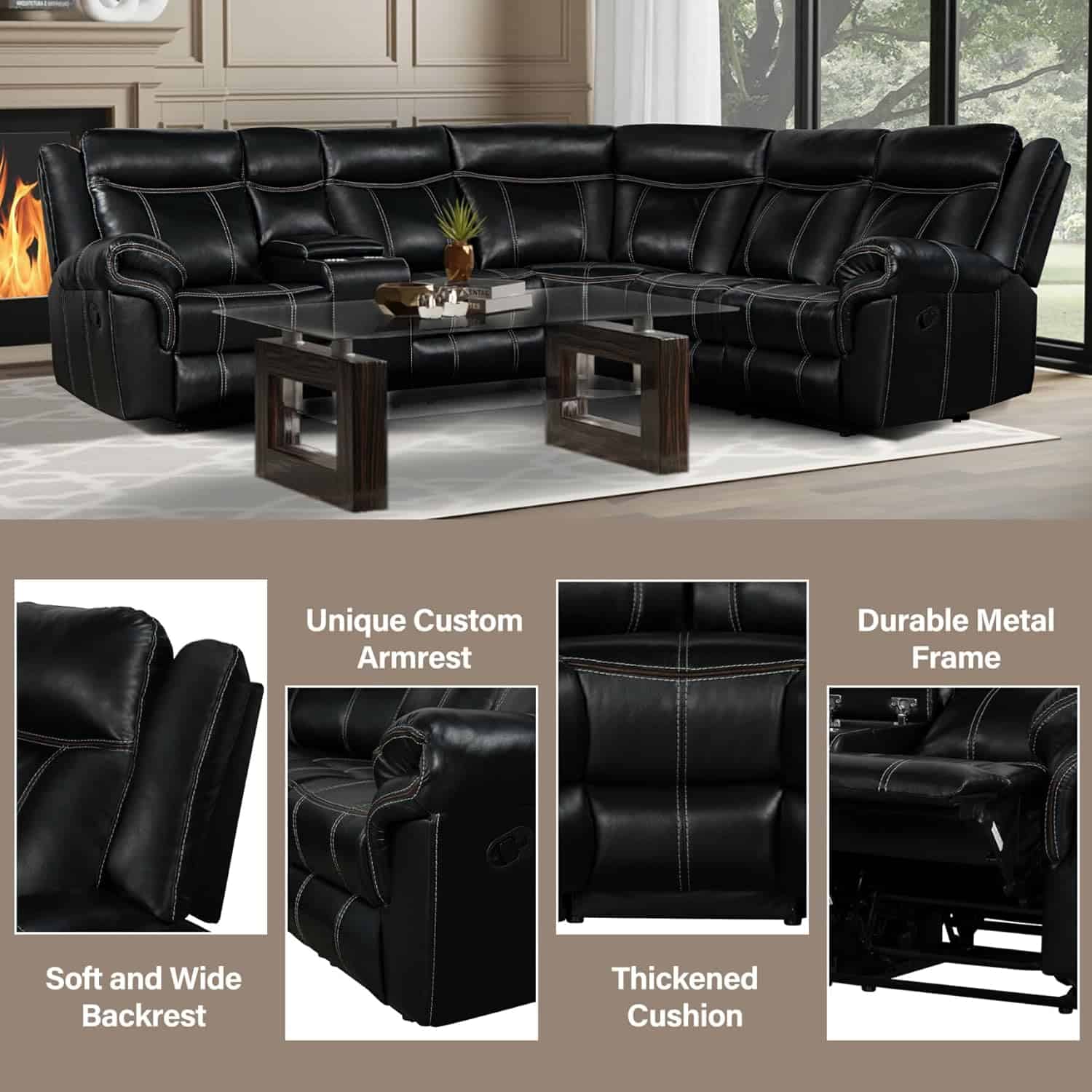 Premium leather sectional sofa with durable metal frame, custom armrests, thickened cushions, and wide backrest for maximum comfort. Ideal for living rooms and modern interiors.