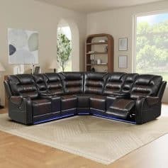 Luxurious black leather sectional sofa with adjustable headrests and ambient LED lighting, perfect for modern living rooms and entertainment spaces.