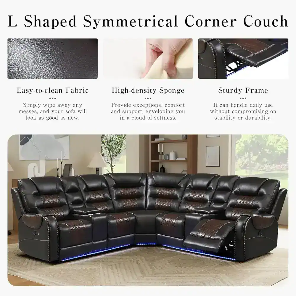 Luxurious black leather sofa for living room comfort and style, featuring durable construction, easy-to-clean fabric, high-density foam cushions, and a sturdy frame for everyday use.