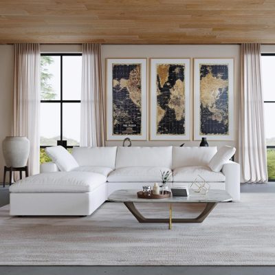 Bright living space featuring world map art, elegant white sofa, and spacious windows for an inviting atmosphere.