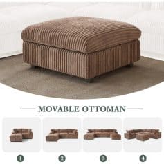 Elegant brown velvet ottoman with a moveable design, perfect for living room decor, offering versatile seating and footrest options.