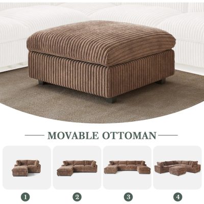 Elegant brown velvet ottoman with a moveable design, perfect for living room decor, offering versatile seating and footrest options.