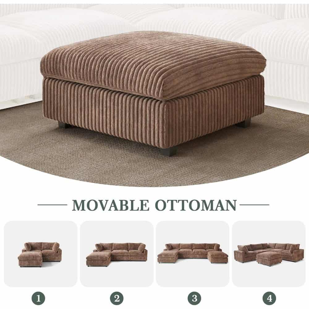 Elegant brown velvet ottoman with a moveable design, perfect for living room decor, offering versatile seating and footrest options.