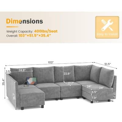 Comfortable grey sectional sofa with detailed measurements, easy to assemble, ideal for home or office lounge spaces, available at Monalisa Medical store.