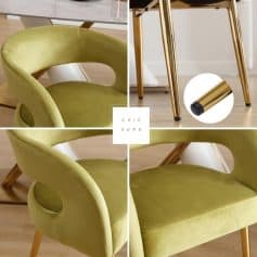 Stylish olive green velvet accent chair with modern curved design, perfect for contemporary living rooms, offices, or bedroom decor.