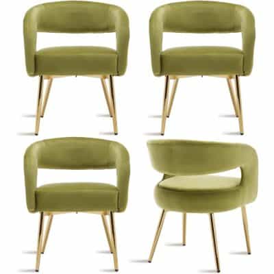 Luxurious green velvet chairs with sleek gold legs, ideal for contemporary home or office decor. These stylish accent chairs offer comfort and elegance, making them perfect for various interior settings.