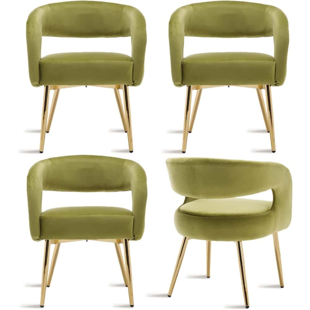 Luxurious green velvet chairs with sleek gold legs, ideal for contemporary home or office decor. These stylish accent chairs offer comfort and elegance, making them perfect for various interior settings.