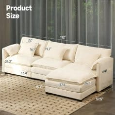 Comfortable beige sofa with detailed size measurements for optimal fit and style in living rooms. Perfect for modern interior decor, featuring plush cushions and spacious seating.