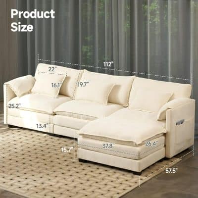 Comfortable beige sofa with detailed size measurements for optimal fit and style in living rooms. Perfect for modern interior decor, featuring plush cushions and spacious seating.