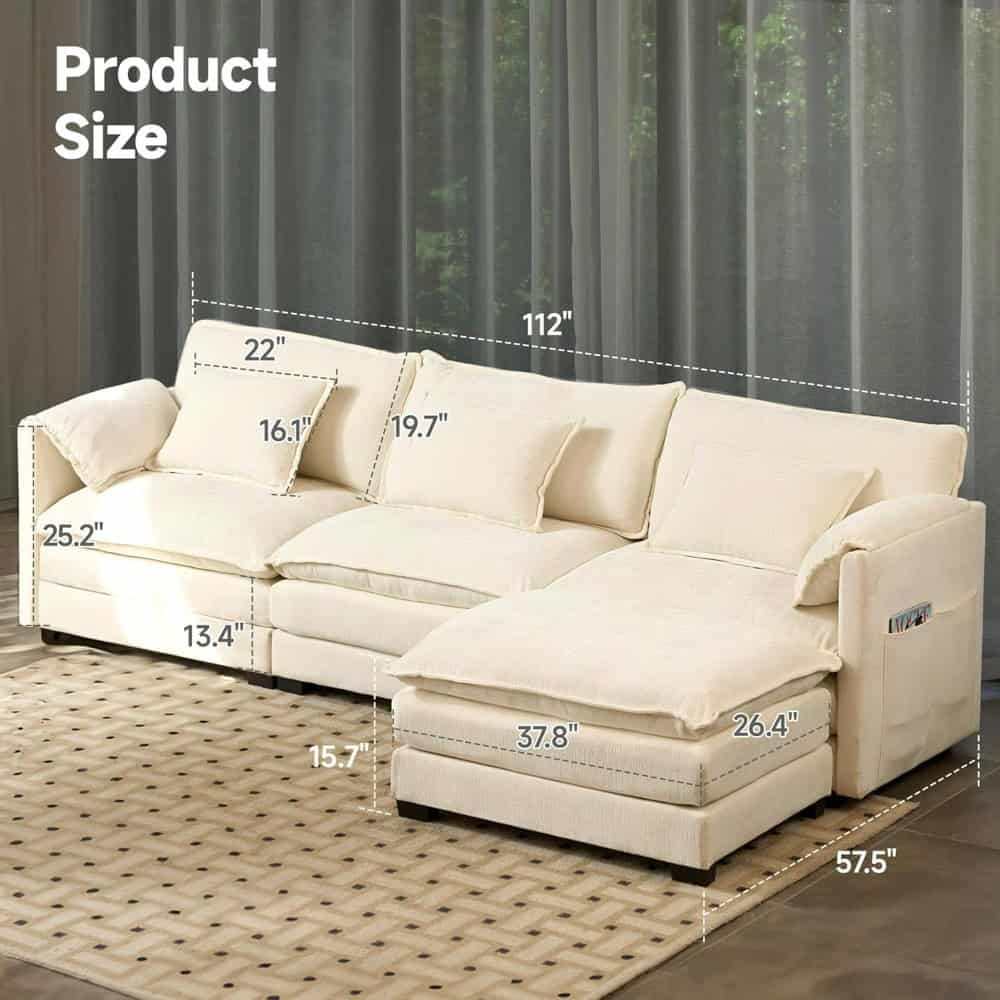 Comfortable beige sofa with detailed size measurements for optimal fit and style in living rooms. Perfect for modern interior decor, featuring plush cushions and spacious seating.