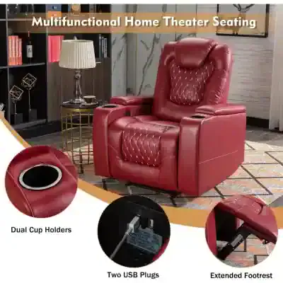 Comfortable leather home theater chair with dual cup holders, USB ports, and extended footrest for optimal relaxation and convenience. Ideal for movie rooms and entertainment spaces.