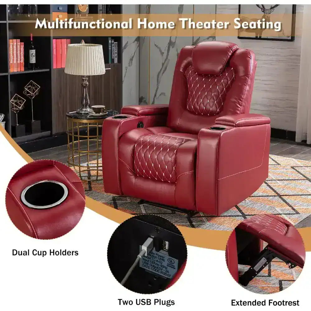 Comfortable leather home theater chair with dual cup holders, USB ports, and extended footrest for optimal relaxation and convenience. Ideal for movie rooms and entertainment spaces.