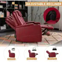 Comfortable red leather recliner with customizable positions for relaxation. Features include a 135° backrest angle, a 150° footrest extension, and built-in head support for optimal comfort.