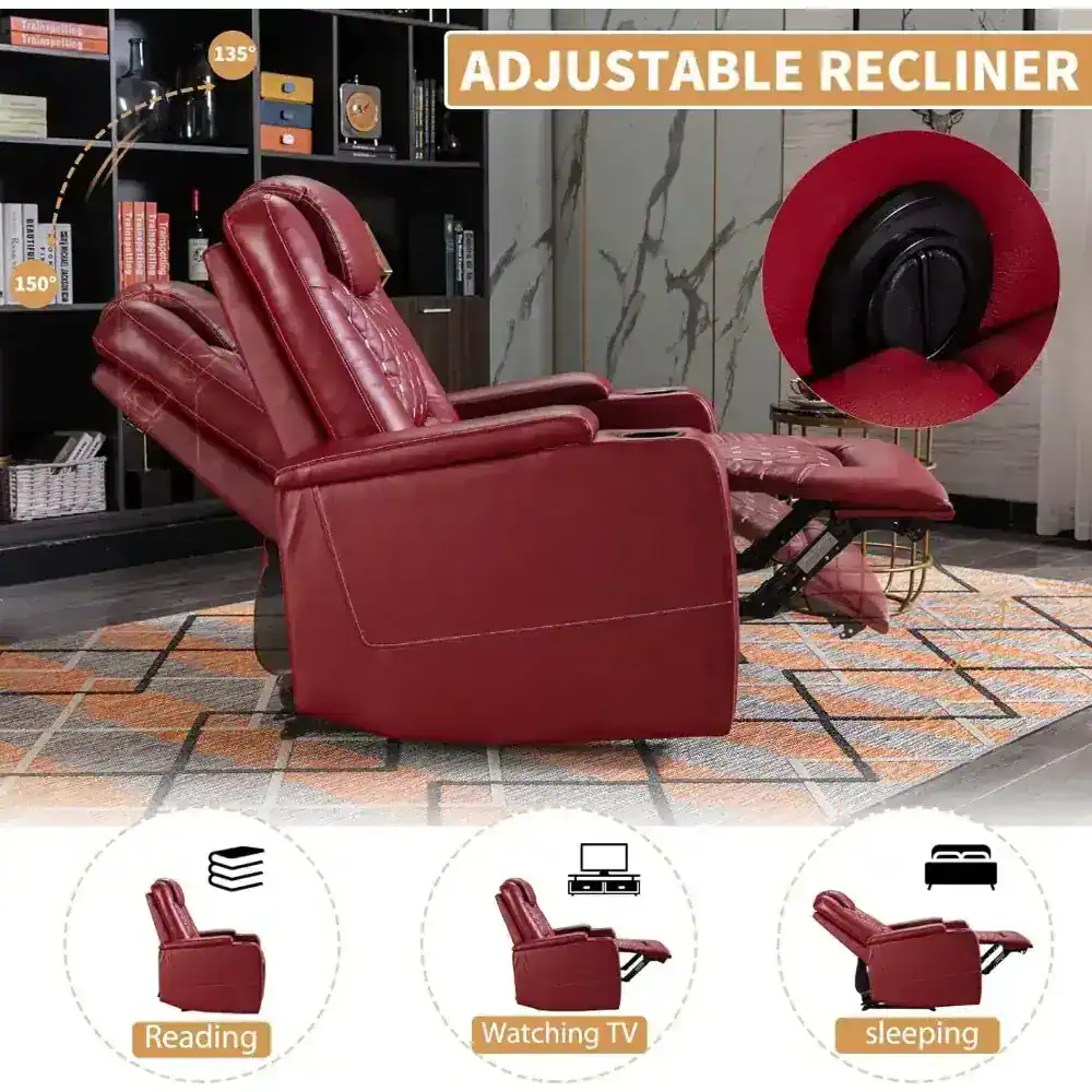 Comfortable red leather recliner with customizable positions for relaxation. Features include a 135° backrest angle, a 150° footrest extension, and built-in head support for optimal comfort.