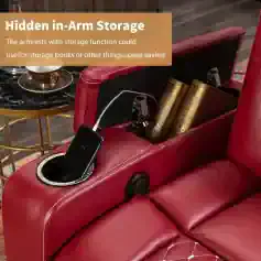 Armrest storage compartment for space-saving convenience, ideal for storing books, tablets, or other essentials in living or waiting areas.