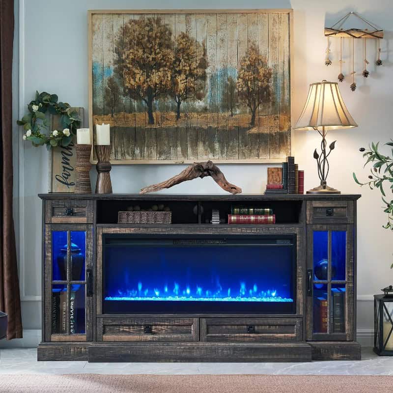 Luxurious opt fireplace featuring a sleek media console, artistic decor, warm lighting, and vibrant blue flames. Ideal for modern living spaces focused on comfort and style.