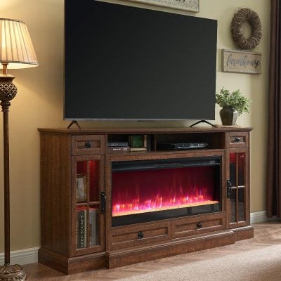 Elegant wood TV stand with fireplace, perfect for living rooms, offering media storage and a cozy ambiance, enhancing home décor with a contemporary touch.