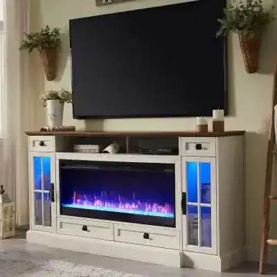 Elegant TV furniture with integrated electric fireplace, perfect for living rooms, offering stylish storage for optical devices.