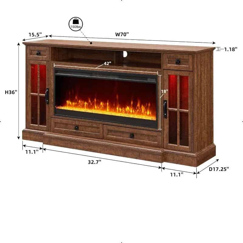 Elegant wooden fireplace media console with built-in electric fire insert and storage drawers, perfect for home decor and entertainment centers.