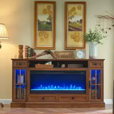 Elegant electric fireplace with wood cabinet.