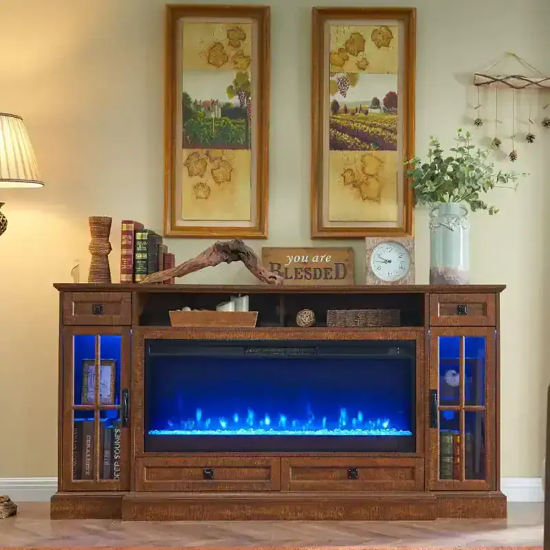 Elegant electric fireplace with wood cabinet.