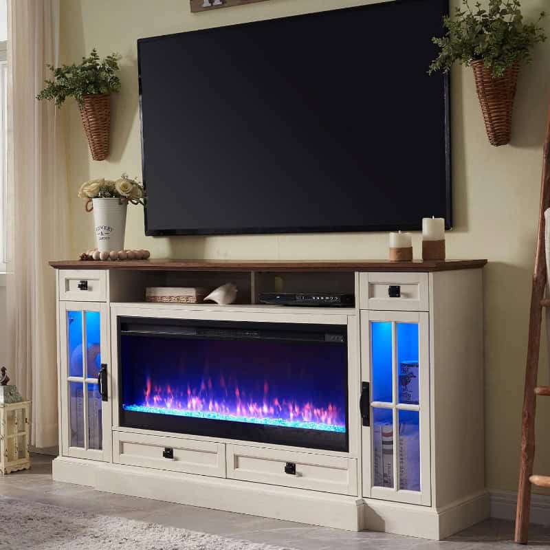 Bright LED fireplace with cozy ambiance, perfect for optical shop displays. Modern white TV stand featuring glass cabinets and smart storage for optical equipment. Ideal for enhancing your optical store environment.