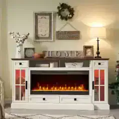 A stylish white fireplace with decorative items, warm lighting, and festive ornaments creates a cozy, inviting living room setting perfect for enhancing home aesthetics.