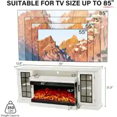 Modern TV stand with built-in electric fireplace, perfect for home entertainment and cozy ambiance, supports TVs up to 85 inches.