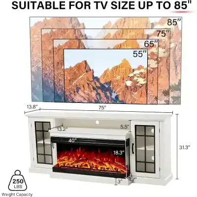 Modern TV stand with built-in electric fireplace, perfect for home entertainment and cozy ambiance, supports TVs up to 85 inches.