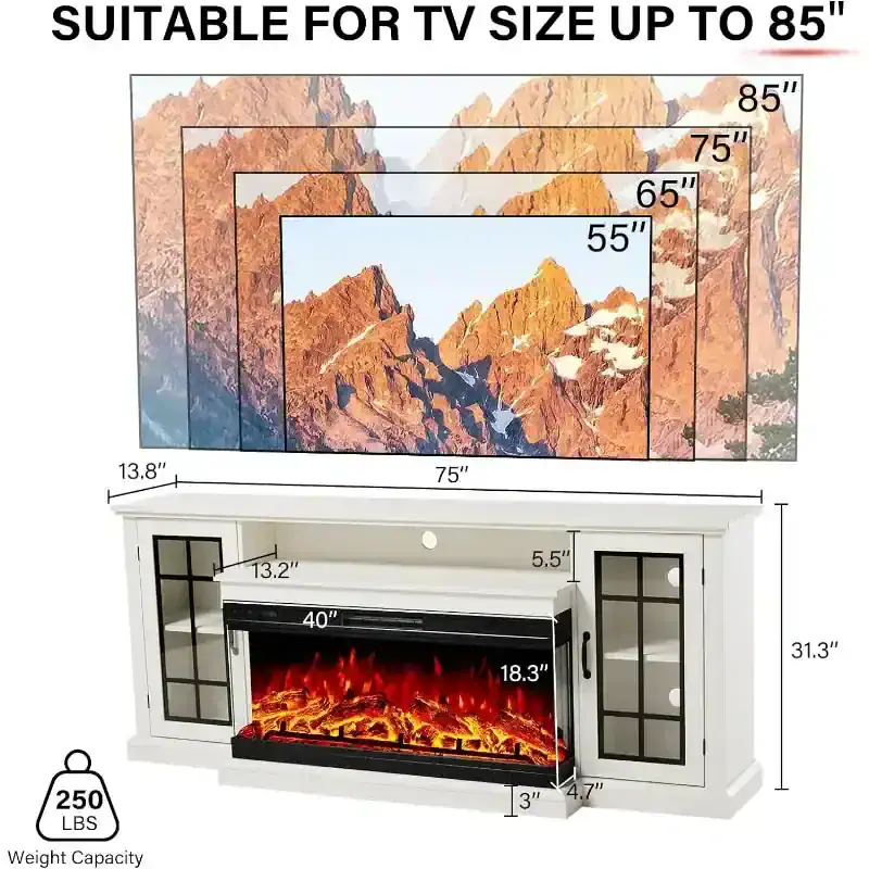 Modern TV stand with built-in electric fireplace, perfect for home entertainment and cozy ambiance, supports TVs up to 85 inches.