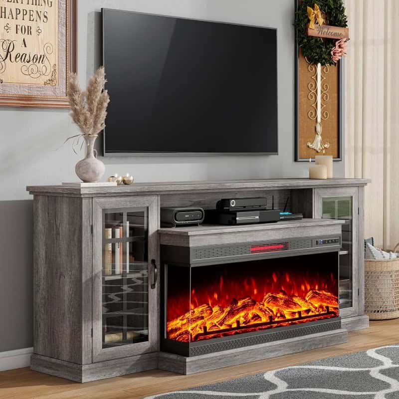 Elegant grey wooden TV stand with a built-in electric fireplace, perfect for home entertainment and cozy ambiance. Features glass-door cabinets ideal for media storage and decor.