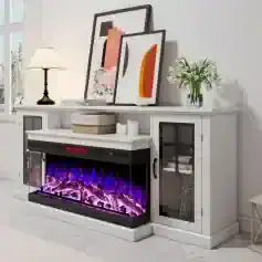 Elegant white console table with electric fireplace, contemporary artwork, and fresh flowers, perfect for stylish optical clinics or modern home decor.