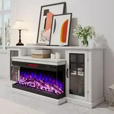 Elegant white console table with electric fireplace, contemporary artwork, and fresh flowers, perfect for stylish optical clinics or modern home decor.