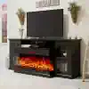 Elegant black fireplace TV stand with electric fireplace, ample storage, and space for TV. Perfect for cozy living rooms, combining style and functionality for a warm, inviting home atmosphere.