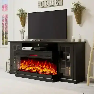 Elegant black fireplace TV stand with electric fireplace, ample storage, and space for TV. Perfect for cozy living rooms, combining style and functionality for a warm, inviting home atmosphere.