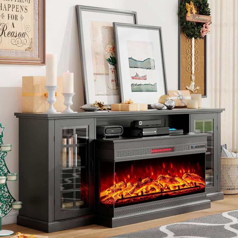 Enhanced image of a modern fireplace TV stand with a sleek gray finish, built-in electric fireplace, and plenty of storage for entertainment essentials. Perfect for stylish living rooms.