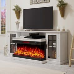 Elegant white living room entertainment console with electric fireplace, TV mount, and storage cabinets, ideal for home decor, media setup, and cozy ambiance.