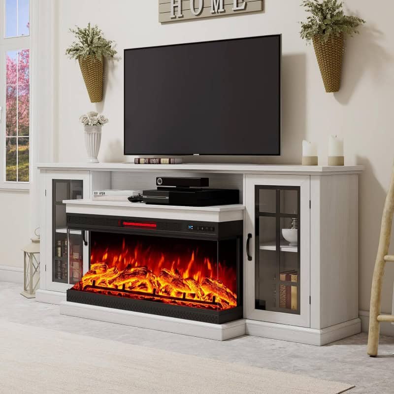 Elegant white living room entertainment console with electric fireplace, TV mount, and storage cabinets, ideal for home decor, media setup, and cozy ambiance.