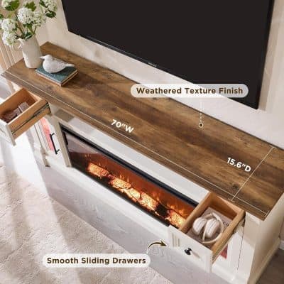 Weathered texture finish fireplace table for living room, 70-inch wide with smooth sliding drawers and storage compartments for electronic devices and decor, ideal for modern home decor.