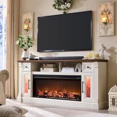 Stylish electric fireplace with TV setup and storage cabinet in a cozy living room setting. Perfect for modern homes needing elegant decor and functional furniture.