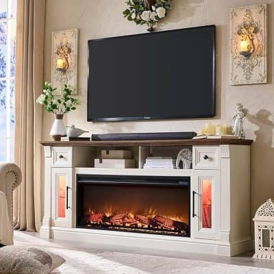 Stylish electric fireplace with TV setup and storage cabinet in a cozy living room setting. Perfect for modern homes needing elegant decor and functional furniture.