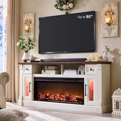 Elegant white media console with electric fireplace, perfect for home entertainment and decor, supporting TVs up to 80 inches.