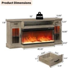 Stylish wooden electric fireplace with storage, LED flames, and adjustable settings, perfect for living rooms or offices seeking a cozy ambiance.