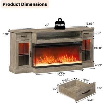Stylish wooden electric fireplace with storage, LED flames, and adjustable settings, perfect for living rooms or offices seeking a cozy ambiance.