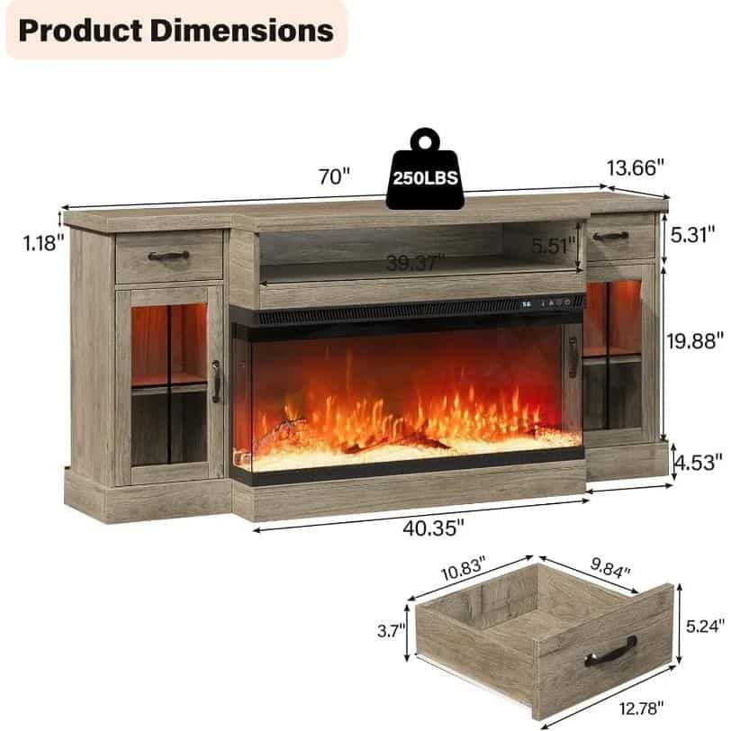 Stylish wooden electric fireplace with storage, LED flames, and adjustable settings, perfect for living rooms or offices seeking a cozy ambiance.
