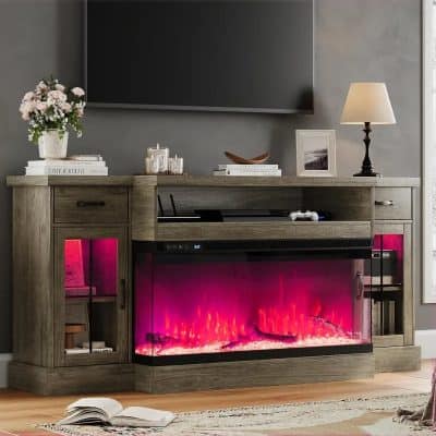 Beautiful modern entertainment unit featuring a built-in electric fireplace, storage cabinets, and decorative accents in a stylish living room setting. Perfect for home decor and relaxation.