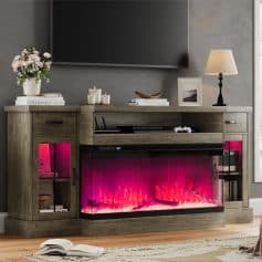 Elegant bedroom TV console with built-in electric fireplace and storage cabinets, perfect for a cozy living room or bedroom setting.